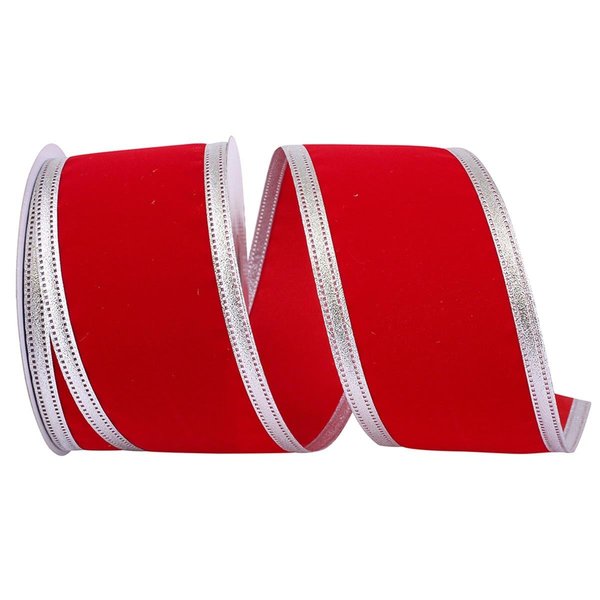 Reliant Ribbon 2.5 in. Velvet Dynasty Wired Edge Ribbon, Red & Silver - 10 Yards 99800W-979-40F